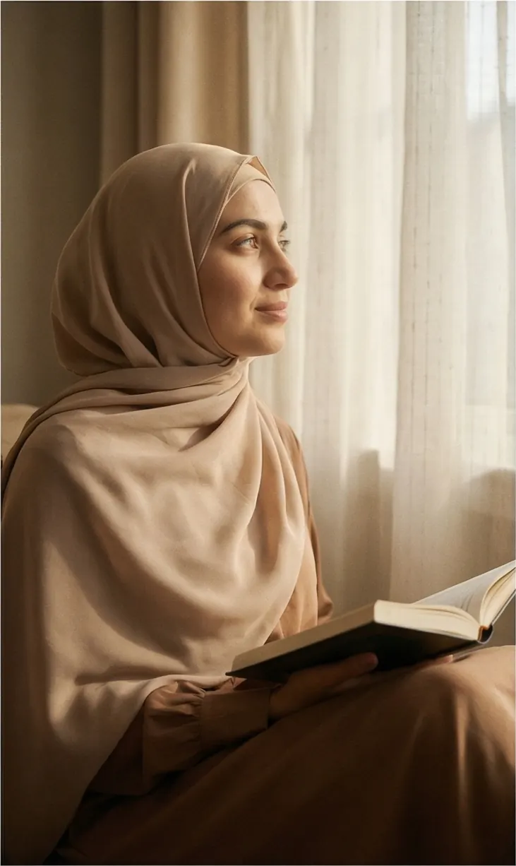 A woman reading quietly by a window