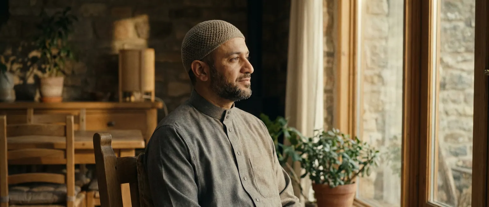 A man sitting by a window in a warm, book-lined room
