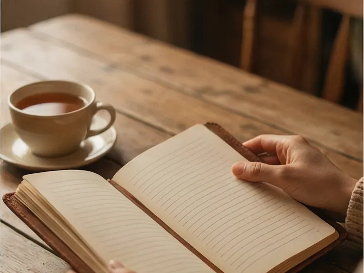 An open journal and a cup of tea on a wooden table