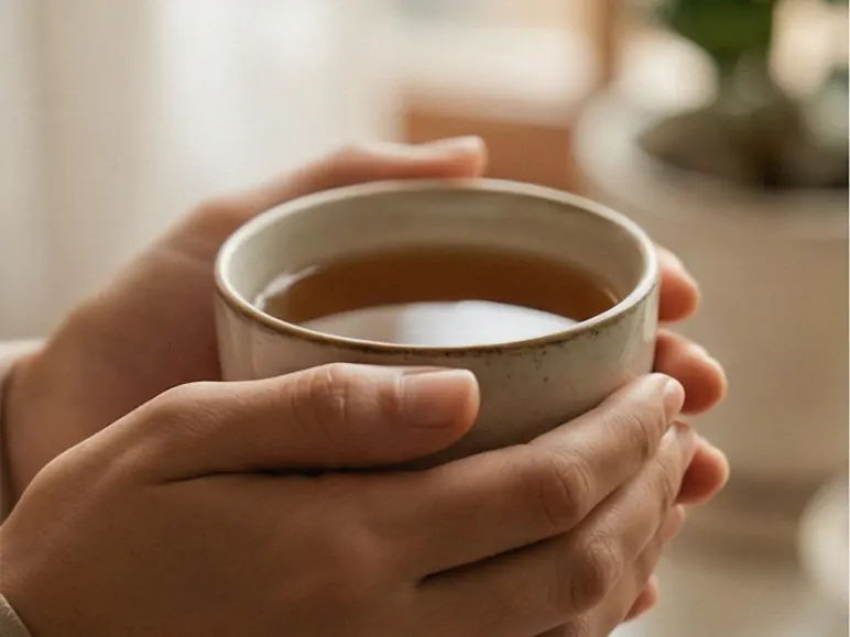 Hands holding a warm cup of tea at a table