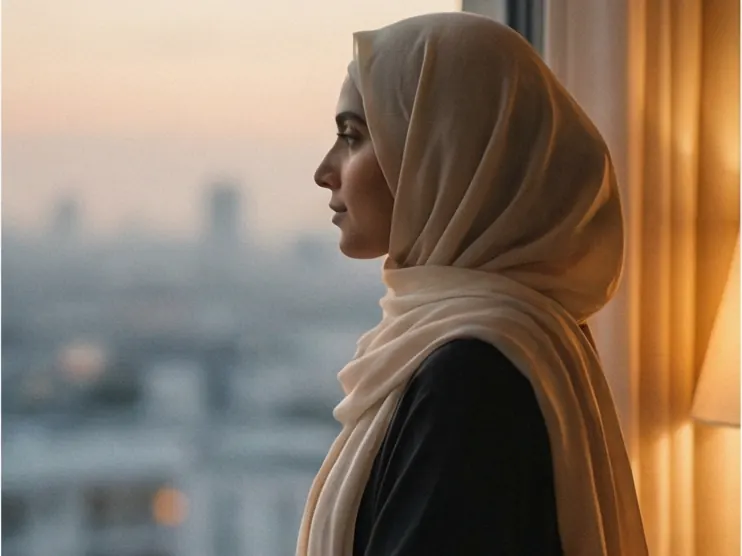 A woman standing on a balcony at dusk, looking over the city