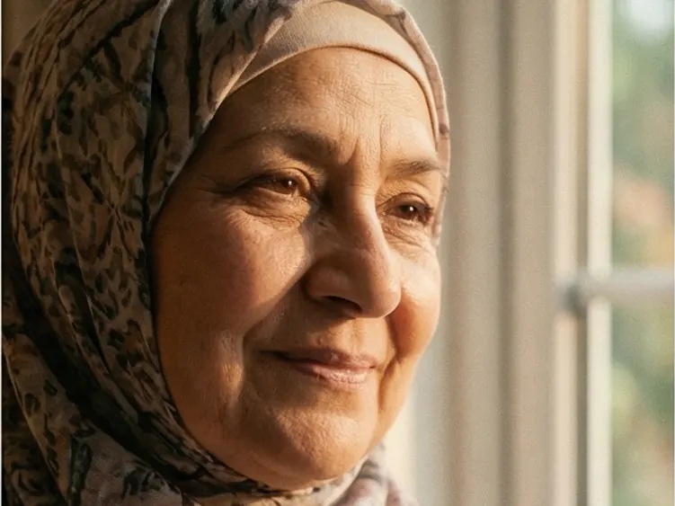 An older woman smiling, holding a mug by a window