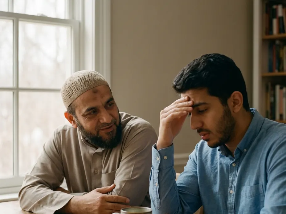 A young man with his head in his hand talking to an older man at a table