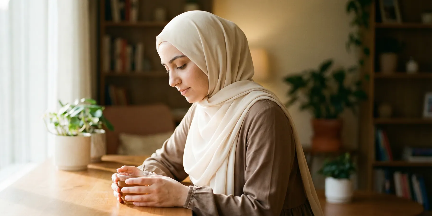 A woman sitting at a desk by a window with her hands folded