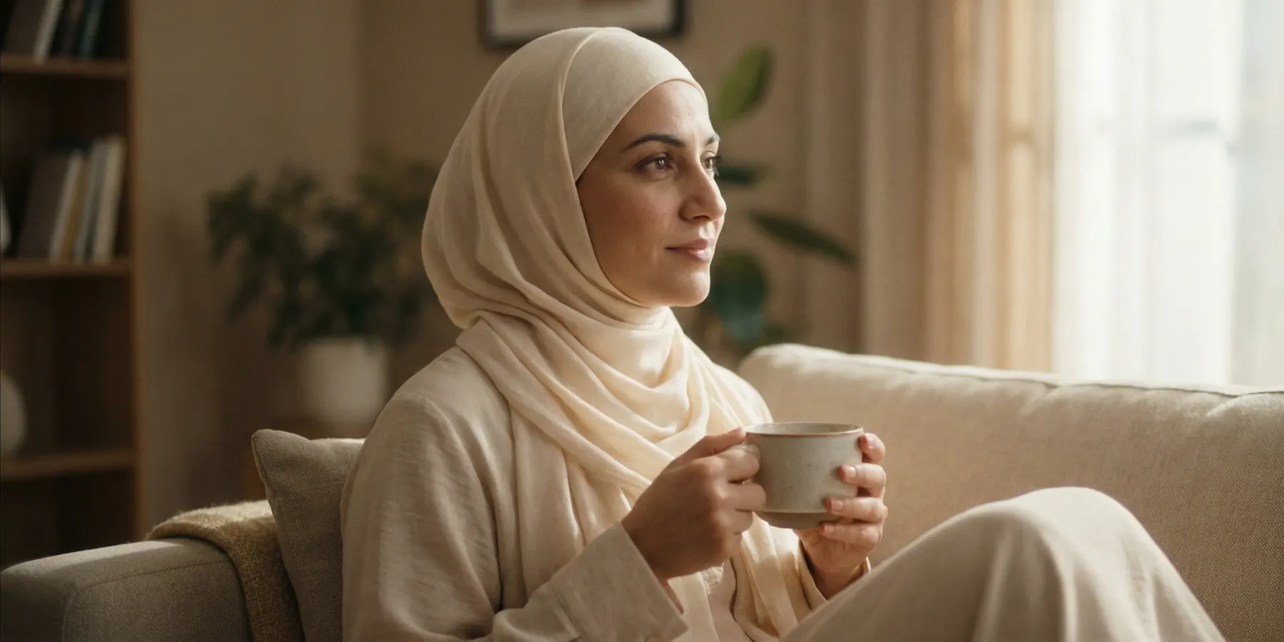 A woman sitting on a sofa with a cup of tea, looking out of a window