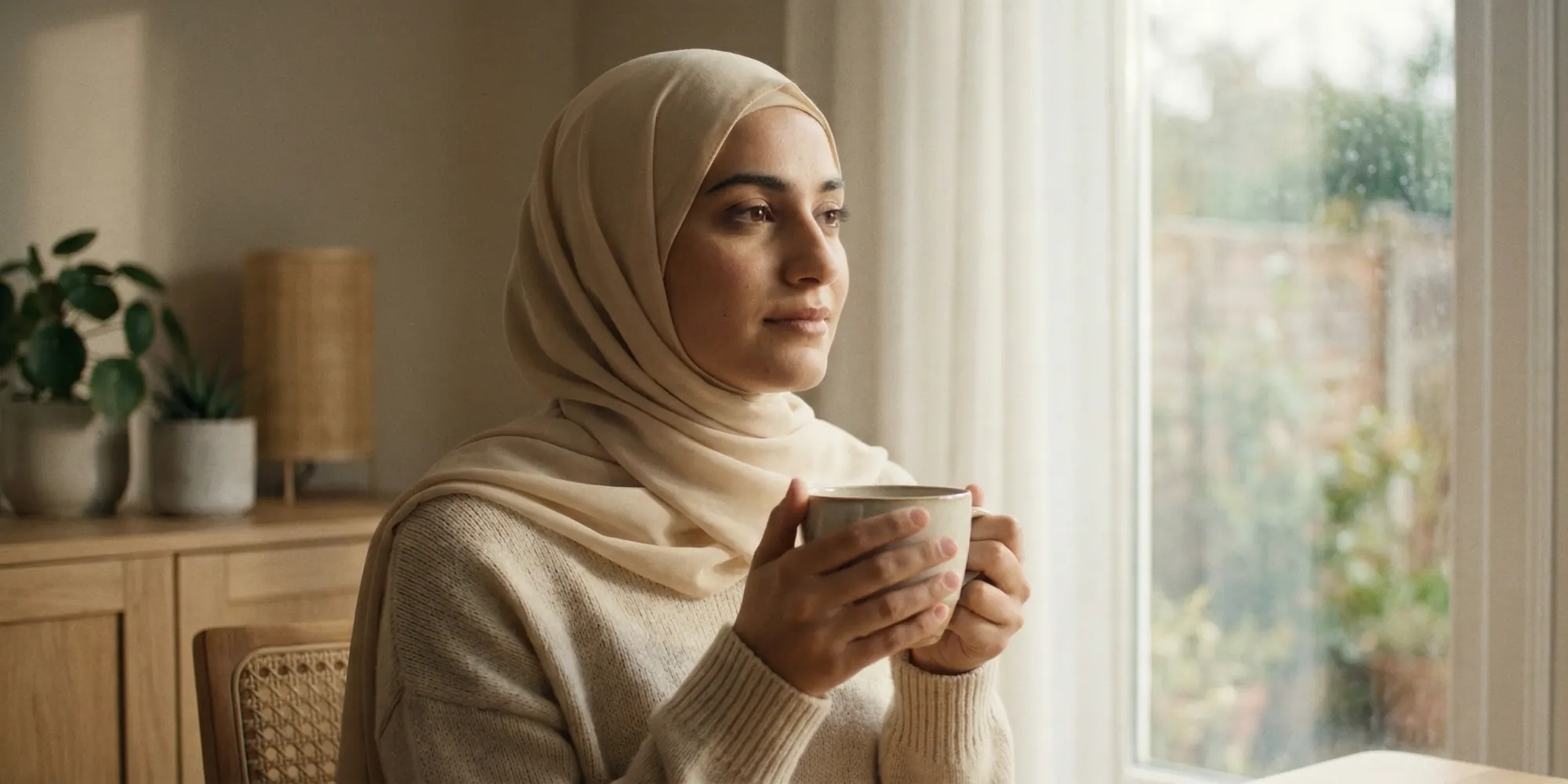 A woman in a hijab holding a cup of tea by a sunlit window