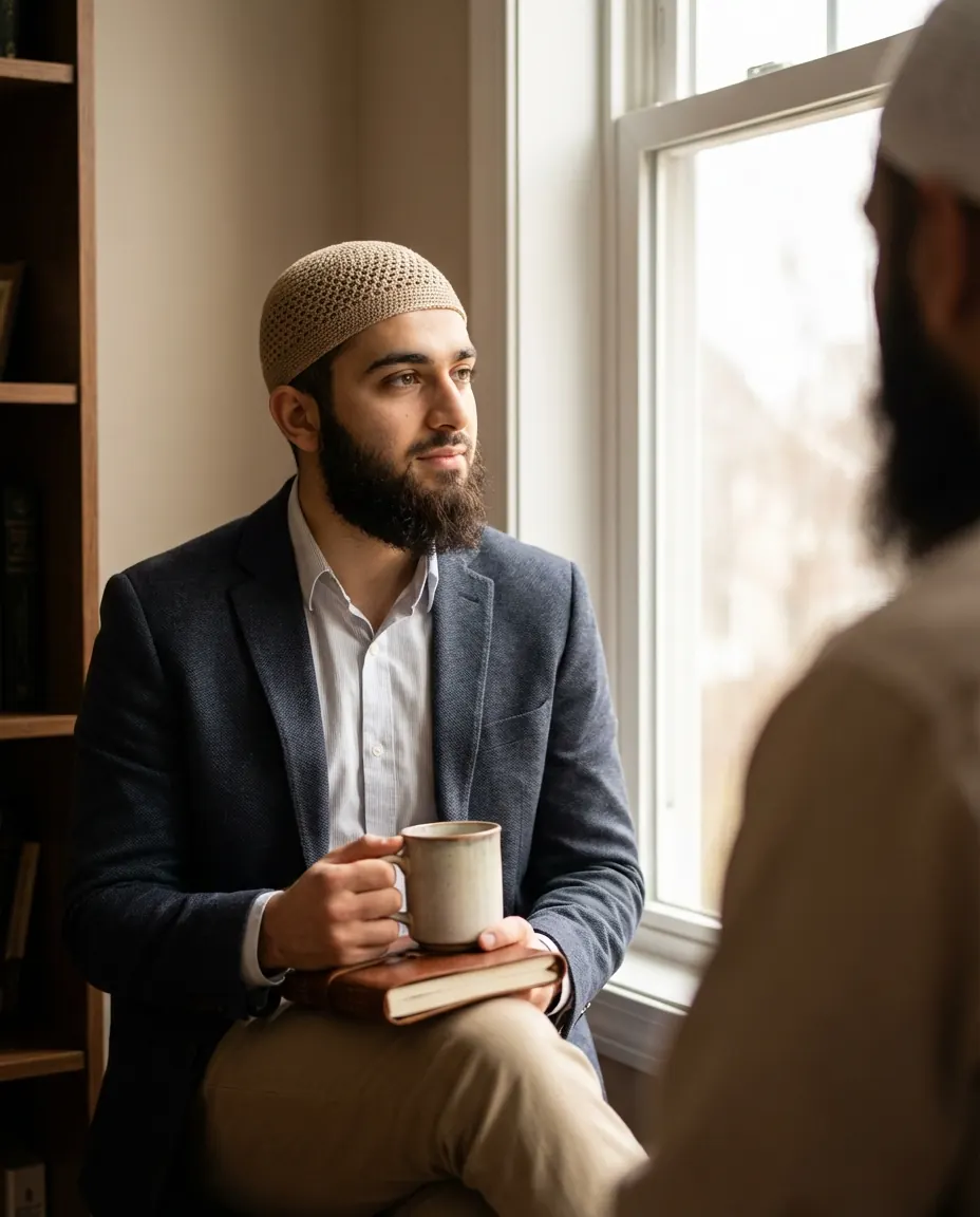 A young man in a blazer holding a cup of tea by a window, listening